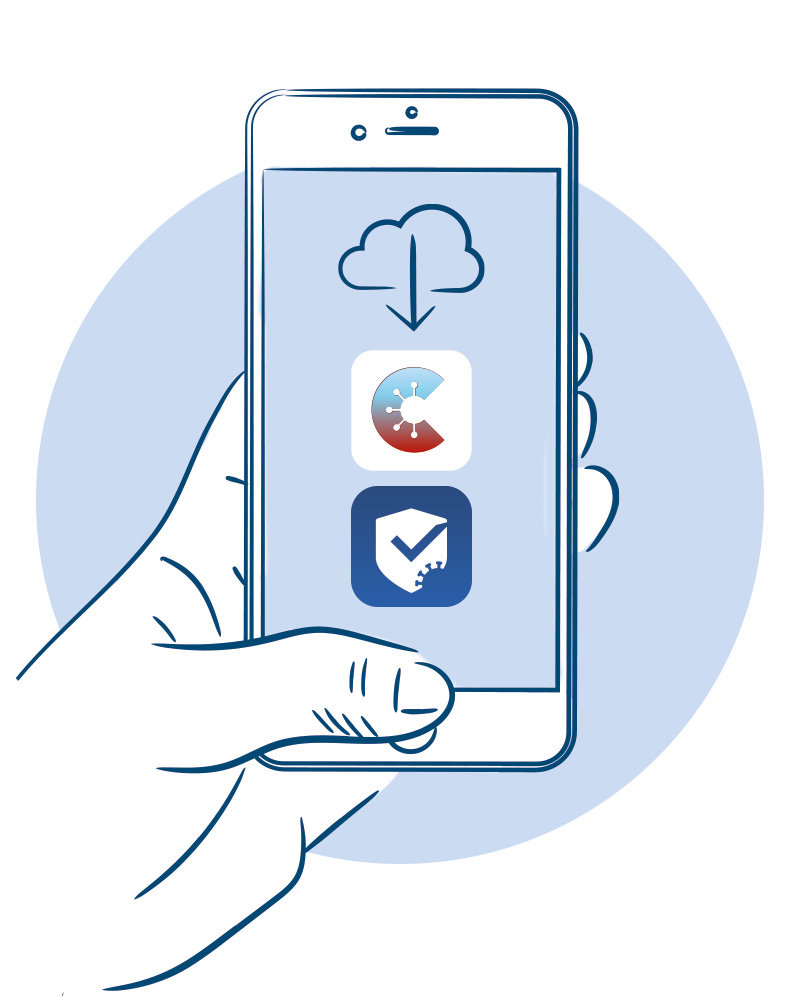 Corona-Warn-App oder die CovPass-App auf Ihr Smartphone runterladen (AppStore/Google Play Store)